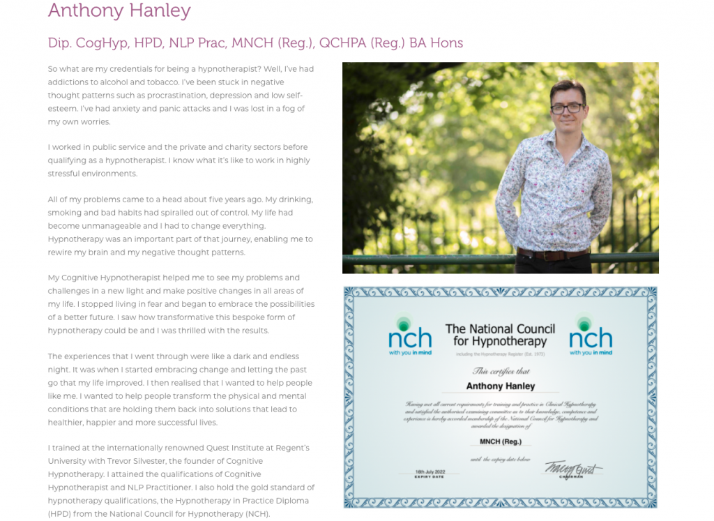 anthony hanley cognitive hypnotherapy and coaching website and branding by rikki webster ltd